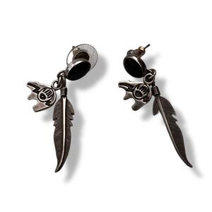 925 Sterling Silver Black Onyx Native American Feather Bear & Paw Earrings